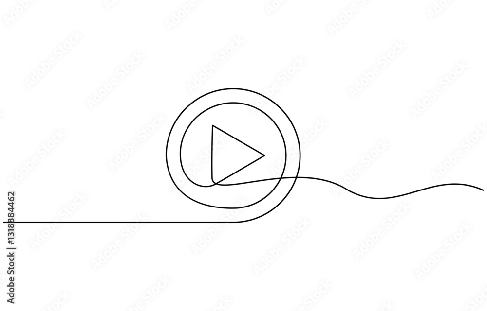 Poster continuous line drawing of play icon media, video or music player button, the play button is drawn a