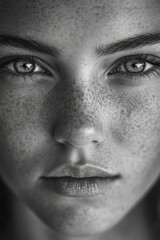 Fototapeta premium A detailed shot focusing on a woman's facial features, with her freckled skin and striking eyes prominently featured.