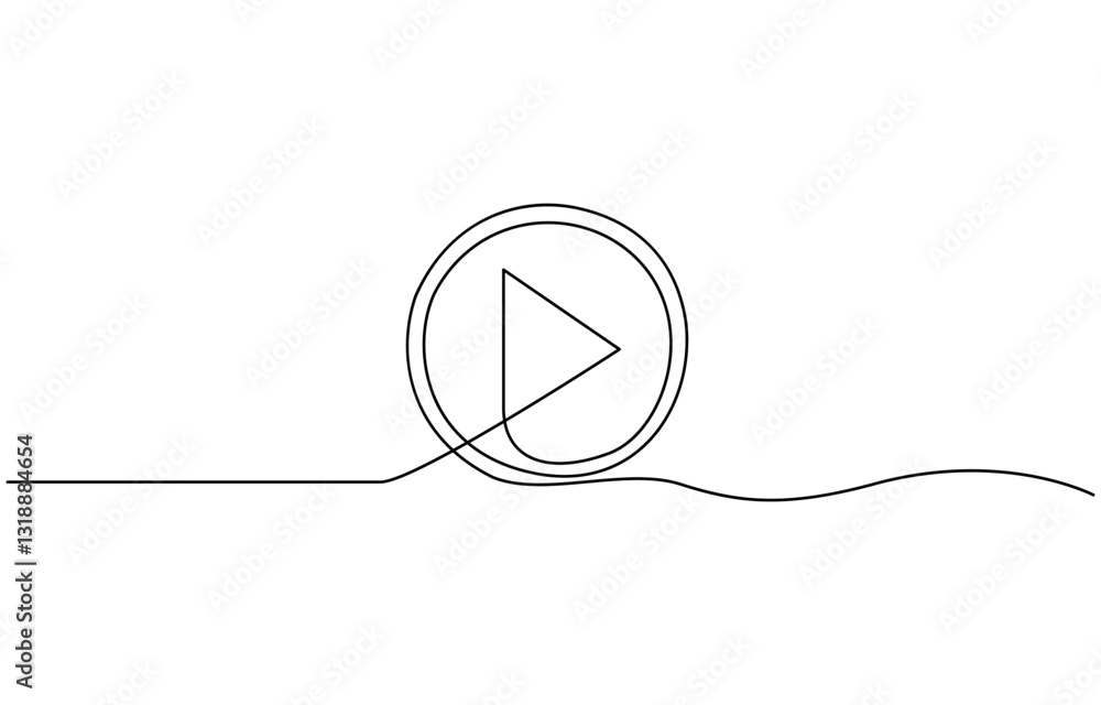 Poster continuous line drawing of play icon media, video or music player button, the play button is drawn a