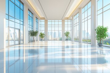 Fototapeta premium Stylish modern empty conference hall with large windows and city skyline view
