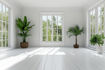 Fototapeta premium Bright and airy interior with large windows and green plants in a minimalist style