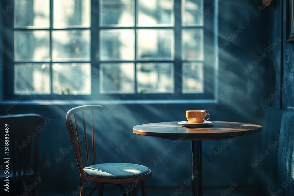 Poster sunlight streams through the window illuminating a quiet cafe table with a cup of coffee in the morn