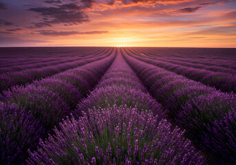 Fototapeta premium A vibrant field of lavender under a golden hour glow.