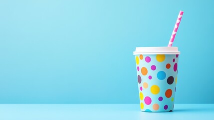 A kids beverage in a fun cup with bright colors and a silly straw, resting on a clean surface with ample space for text or event branding.