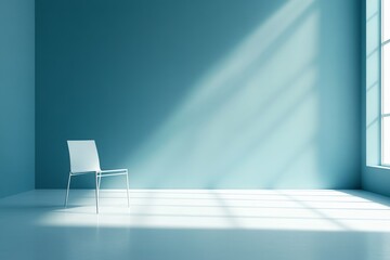 Modern empty room with a single chair and bright sunlight streaming through large windows