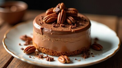 A decadent chocolate pecan dessert, elegantly presented on a pristine plate, adorned with a delicate arrangement of pecan halves and chocolate shavings, ready to be savored
