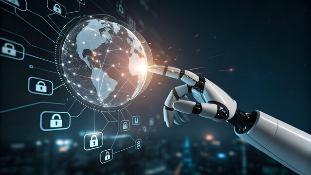 Future Technology: AI Hand Interacting with Global Data Sphere, Digital Network and Automation.