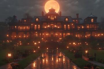 A grand mansion is illuminated by the moon on a dark night
