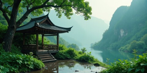 Serene Pavilion Overlooking a Misty River Valley, Nestled Amongst Lush Greenery and Towering Cliffs
