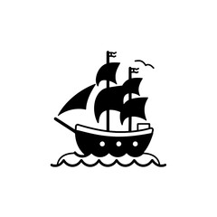 Elegant pirate ship sailing on calm waves with billowing sails in a serene coastal setting