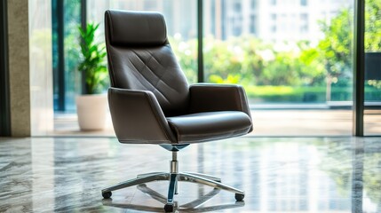 A luxurious executive chair with a deep brown leather finish, placed in a corporate office space.