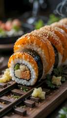 The image shows a close-up of a sushi roll on a wooden cutting board. The sushi roll is made up of multiple layers of orange and white rice, with black sesame seeds sprinkled on top. The roll is arran
