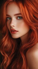 Obraz premium A stunning young woman with vibrant red hair and piercing green eyes exudes confidence and charm. Her flawless skin and gentle smile highlight her natural beauty in a softly lit indoor setting