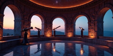 Obraz premium Serene Observatory Ancient Stone Structure with Telescopes at Sunset, Offering Panoramic Views of Rolling Hills and a Starry Night Sky