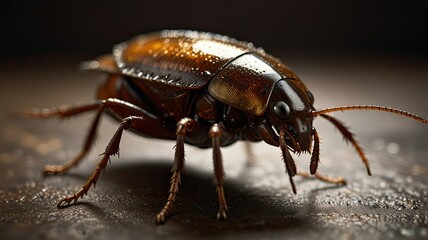 This brown insect with detailed features is crawling on a dark textured surface under bright lighting showcasing intricate details of its body