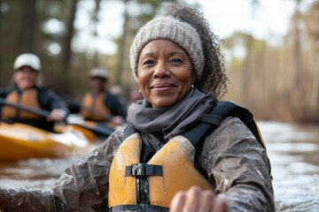 Outdoor kayaking adventure on a calm river with friends during a sunny day