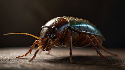 Fototapeta premium A brown cockroach is crawling on a dark surface showcasing its shiny exoskeleton and antennae illuminated by warm late afternoon light