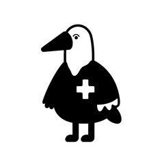 Cute black and white vector illustration of a cartoon bird dressed as a nurse with a playful pose and a friendly expression