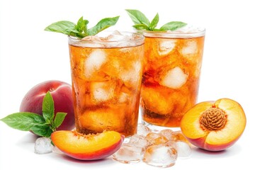 Clear Pixel Picture of Fresh Peach Ice Tea Isolated on White Background,