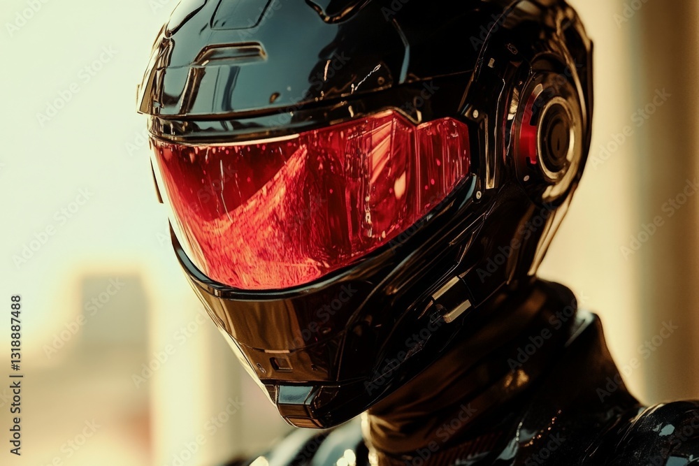Aufkleber robot with reflective red visor stands in urban setting during golden hour