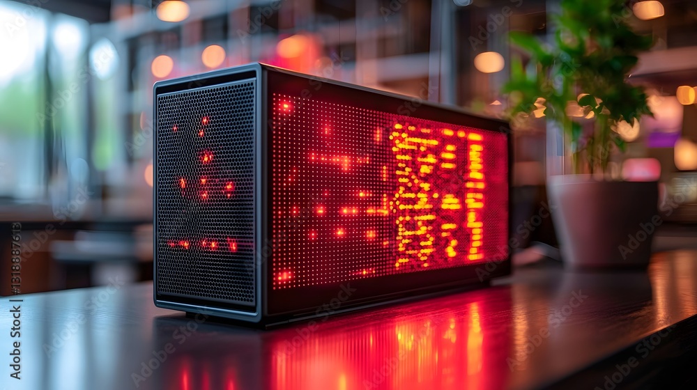 Poster minimalist blockchain logo glowing on sleek desk with elements of technology and innovation
