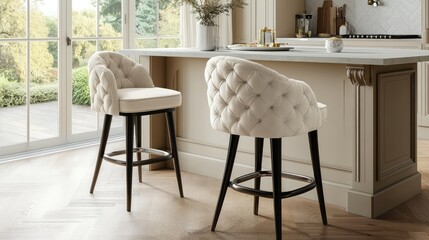 A pair of cozy bar stools with soft fabric seats, placed in a warm and inviting kitchen.