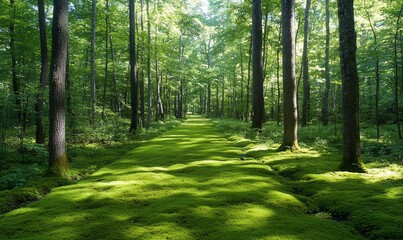 Obraz premium Moss path under tall trees in forest invites exploration and hiking adventure