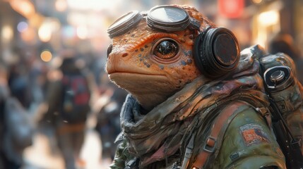Frog astronaut in city
