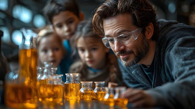Teacher Explaining Glowing Science Experiments to Curious Parents and Children Outdoors