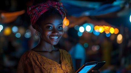 Village Market with Students Teaching Digital Skills and Glowing Tablets Symbolizing Empowerment through Education