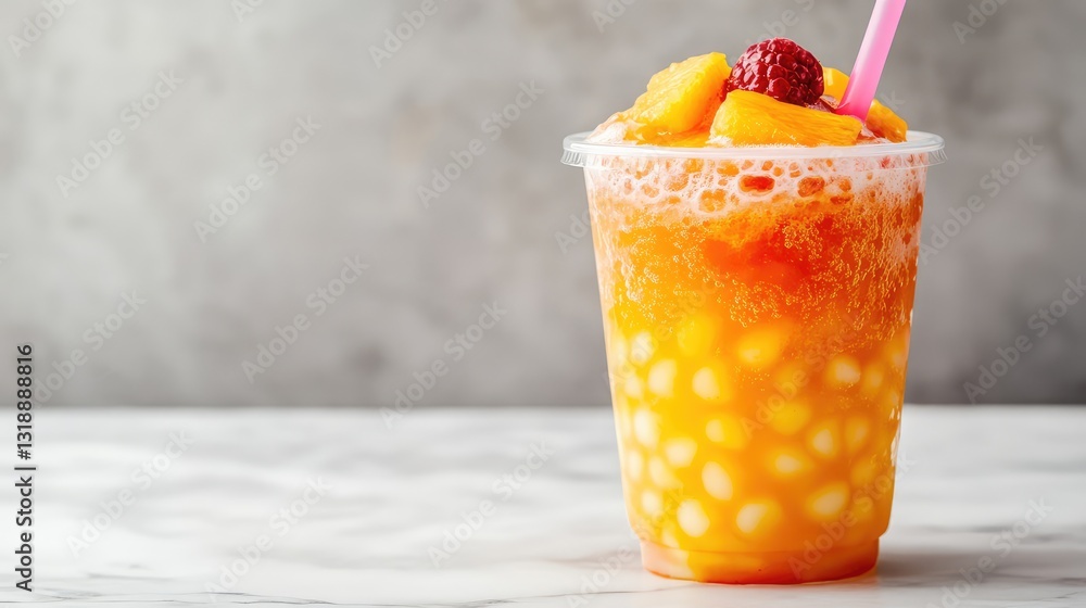 Poster a refreshing fruit-flavored bubble tea with colorful tapioca pearls, sitting on a marble surface wit