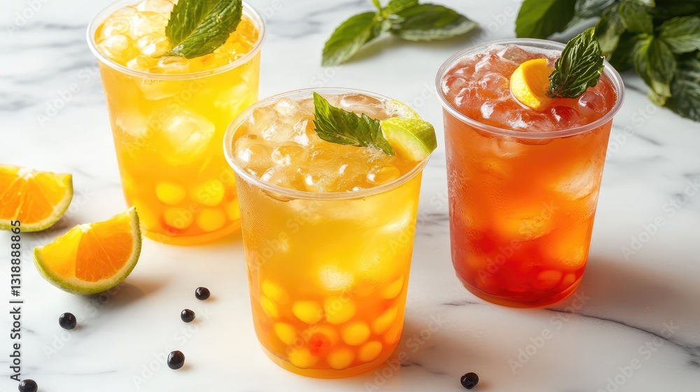 Poster a refreshing fruit-flavored bubble tea with colorful tapioca pearls, sitting on a marble surface wit