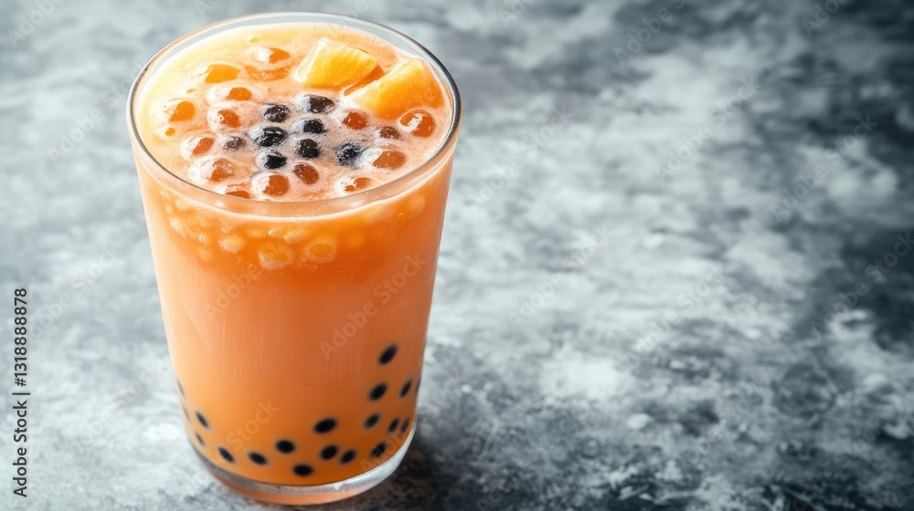 Poster a refreshing fruit-flavored bubble tea with colorful tapioca pearls, sitting on a marble surface wit