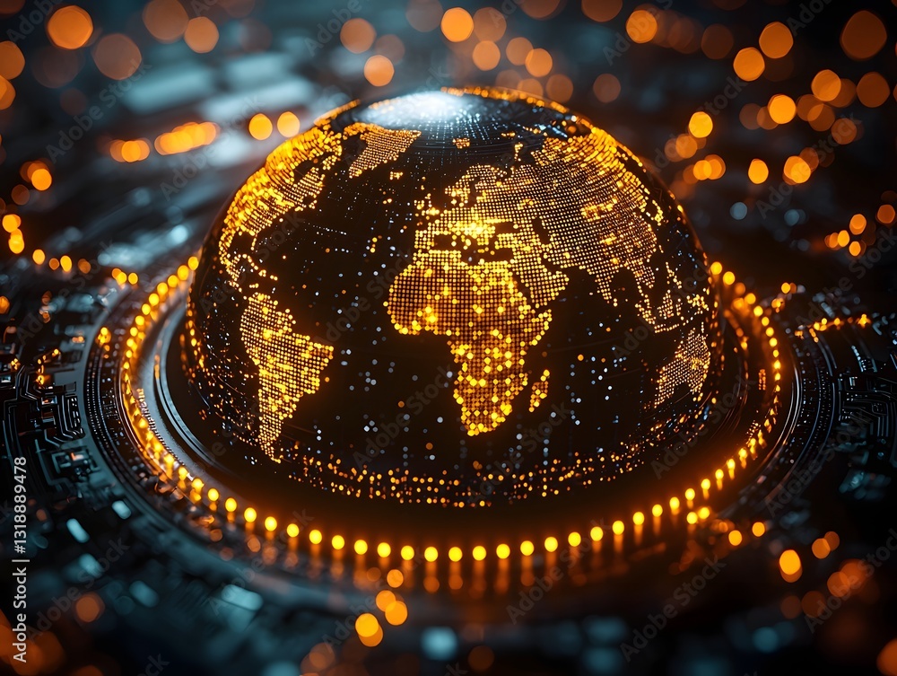 Poster glowing holographic globe surrounded by radiant blockchain nodes symbolizing global decentralization