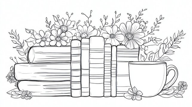 Books, flowers, coffee cup; peaceful reading nook, coloring page
