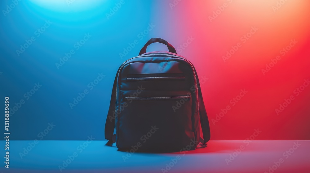 Poster a school backpack with a simple yet functional design, placed against a colorful background with sof