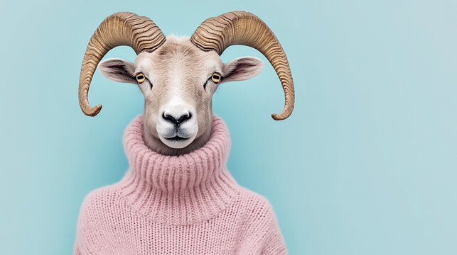 A ram with stylishly twisted horns poses confidently in a soft pink sweater, embodying a blend of charm and individuality against a light blue backdrop