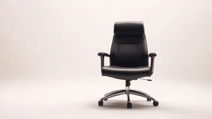 A simple black office chair with a sleek design, positioned in front of a white background.