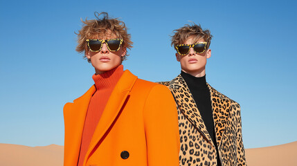 Two men strike stylish poses wearing eye-catching animal print coats. The clear blue sky and sandy desert landscape enhance their fashionable statement under the bright sun