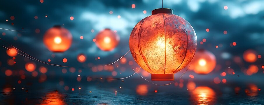 Surreal Blockchain Nodes as Floating Lanterns Interconnected in Nighttime Dreamscape