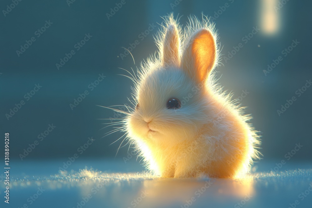 Poster soft and fluffy rabbit illuminated by gentle light in a serene indoor setting