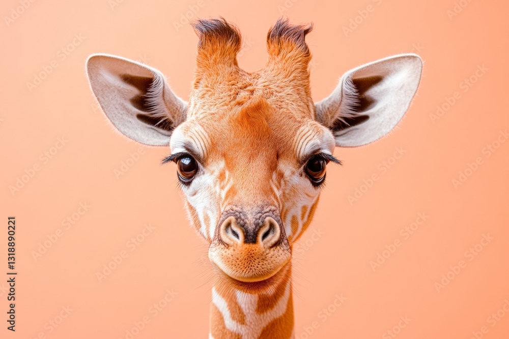 Poster giraffe portrait showcases unique features with soft background highlighting its elegance and charm