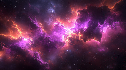 vibrant cosmic scene with swirling purple and orange nebulae in deep space, showcasing beauty and mystery of universe. Stars twinkle amidst colorful clouds, creating breathtaking celestial view