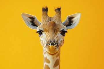 Giraffe with distinctive expressions poses against a bright yellow background in a nature setting during daylight