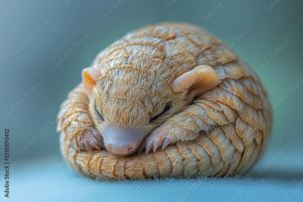 Poster small armadillo sleeping peacefully in a cozy position on a soft surface with a calming background