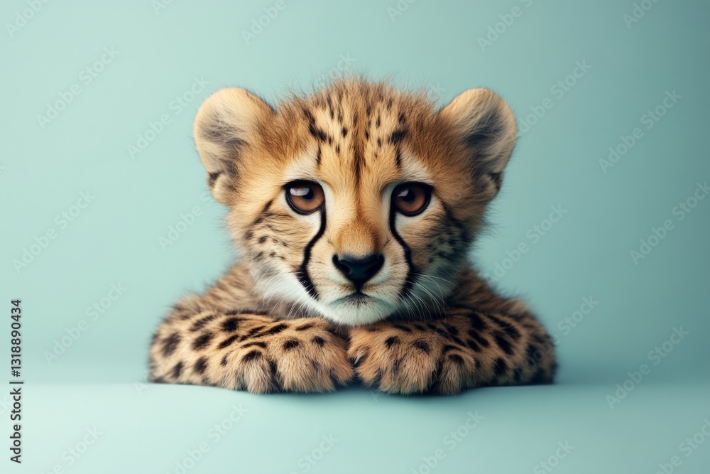 Poster cheetah cub with captivating eyes resting on a soft surface in a serene setting