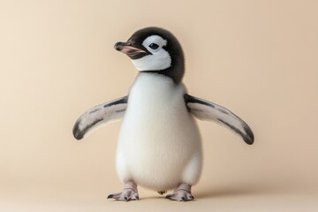Cute baby penguin stands proudly with flippers outstretched against a soft beige background in a studio setting