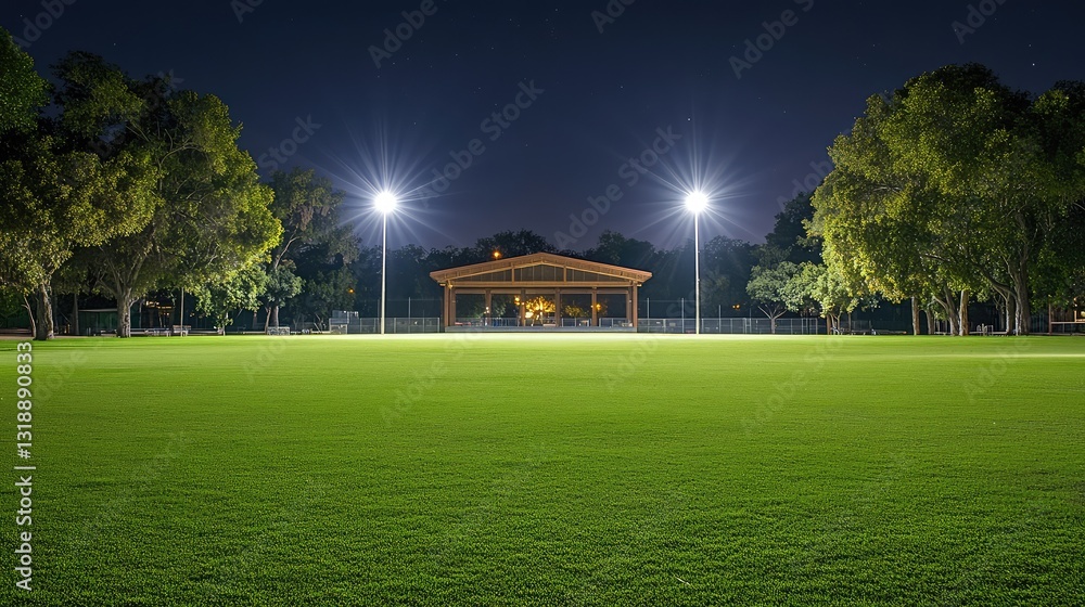 Poster a tranquil view of an empty music festival venue at night, with a brightly lit stage and an open fie