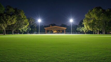Naklejka premium A tranquil view of an empty music festival venue at night, with a brightly lit stage and an open field perfect for adding text or promotional information.