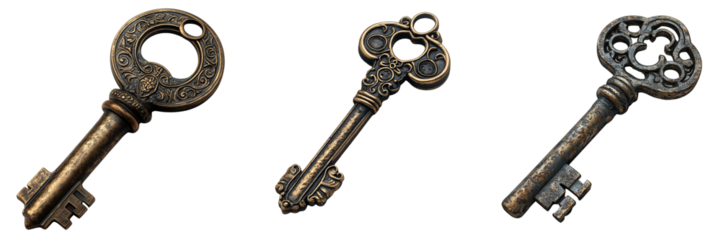 Vintage keys on a transparent background antique collection art display